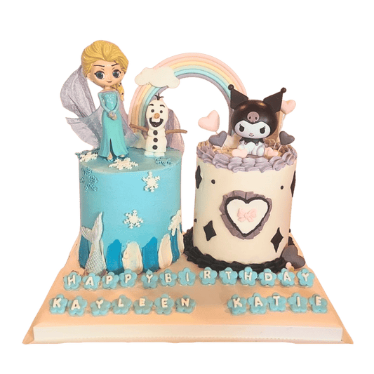 Frozen Elsa & Kuromi Themed Twin Rainbow Cake