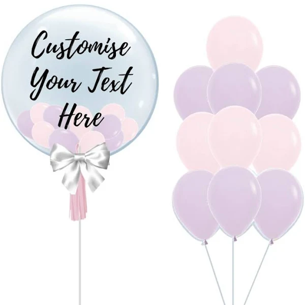 Helium Clear 24" Bubble Balloon + Personalized Text Label & Cluster Balloon Package