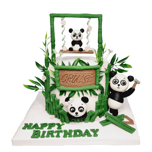 Cute Panda Family Bamboo Theme Cake