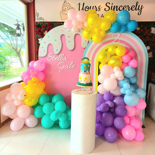 Colorful Rainbow Theme Balloon Garland Backdrop & Two Tier Cake (Event Space + Cake + Decors)