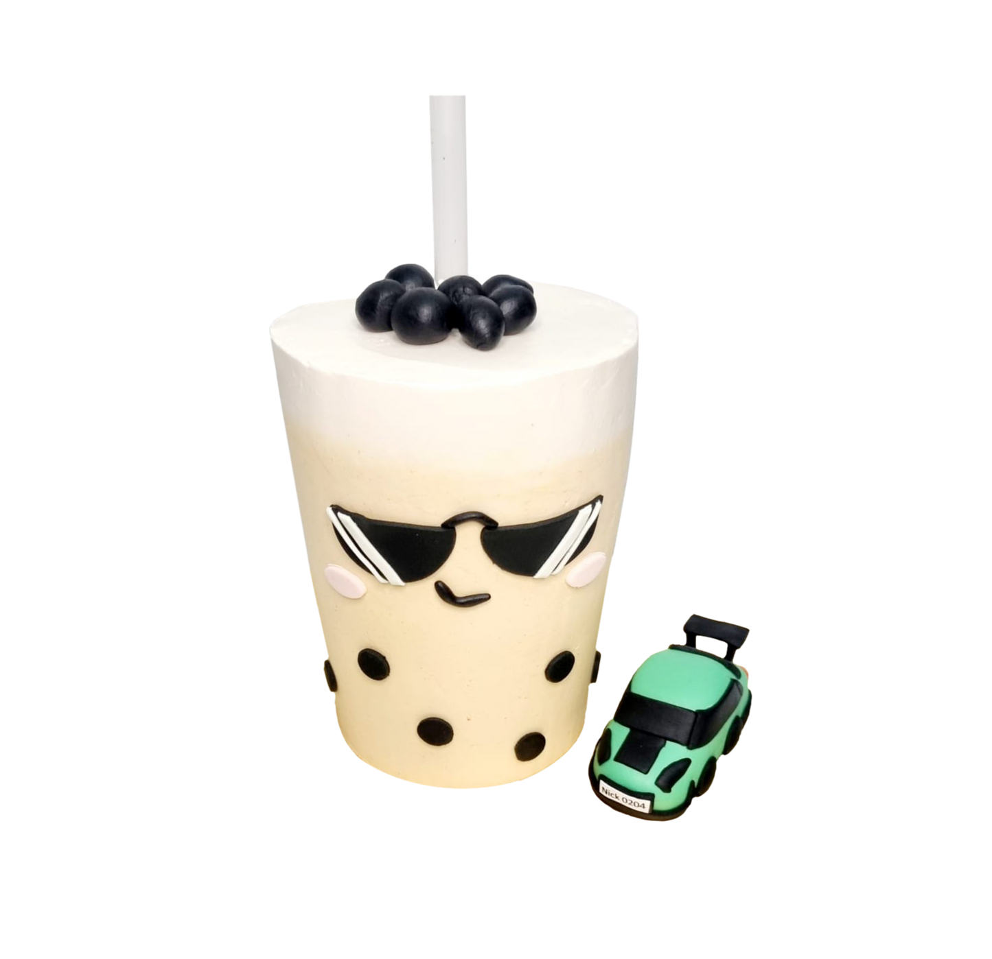 Drinkable Bubble Tea Cake with Green GTR Car