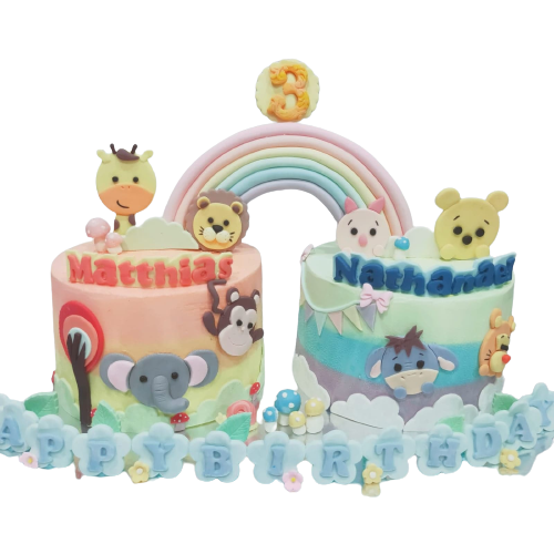 Animal & Winnie The Pooh Themed Twin Rainbow Cake