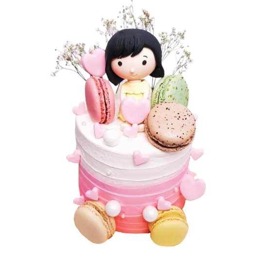 Cute Little Girl with Macarons and Hearts Pink Ombre Cake