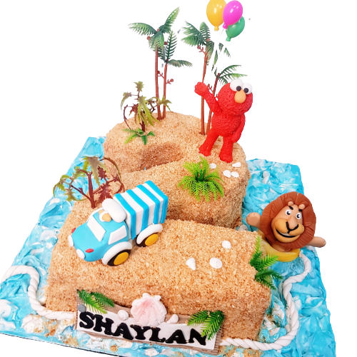 Number 2 Elmo And Madagascar Lion With Truck Beach Sea Theme Cake